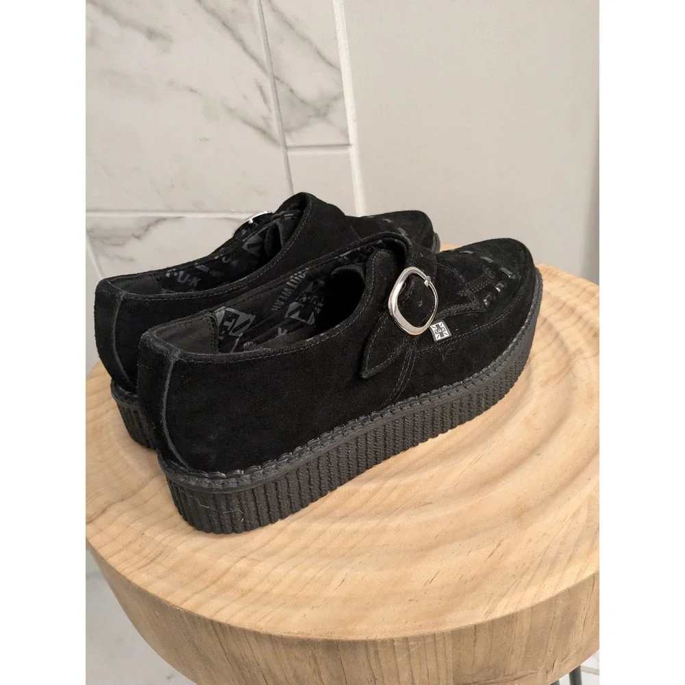 NWOT T.U.K. Black Suede Monk‎ Strap Creepers Platform Shoes Size US 7 EU 40